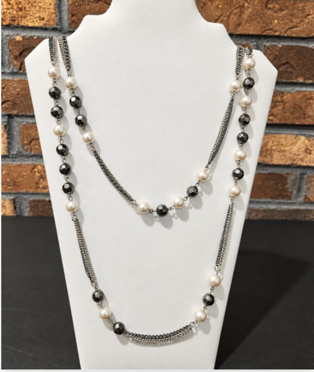 Vintage Silver Tone Multi Strand Necklace with White Faux Pearls Gunmetal Beads
